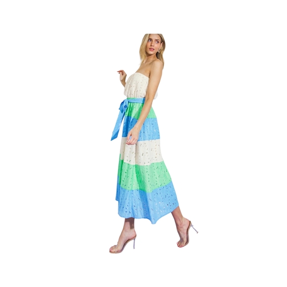 NewWOT Flying Tomato Strapless Midi Dress Cream, Blue & Green Stripes - Small - Picture 2 of 16